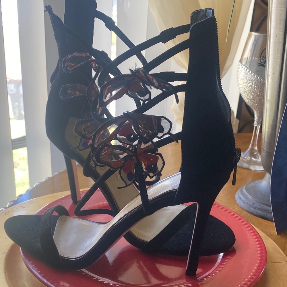 Jessica Simpson Black Floral Lace-Up Stiletto Sandals